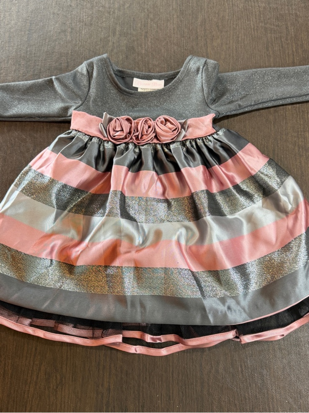 Bonnie Baby Girls Pink and Gray Striped Party Dress with Rosette Waist Sz 12 M